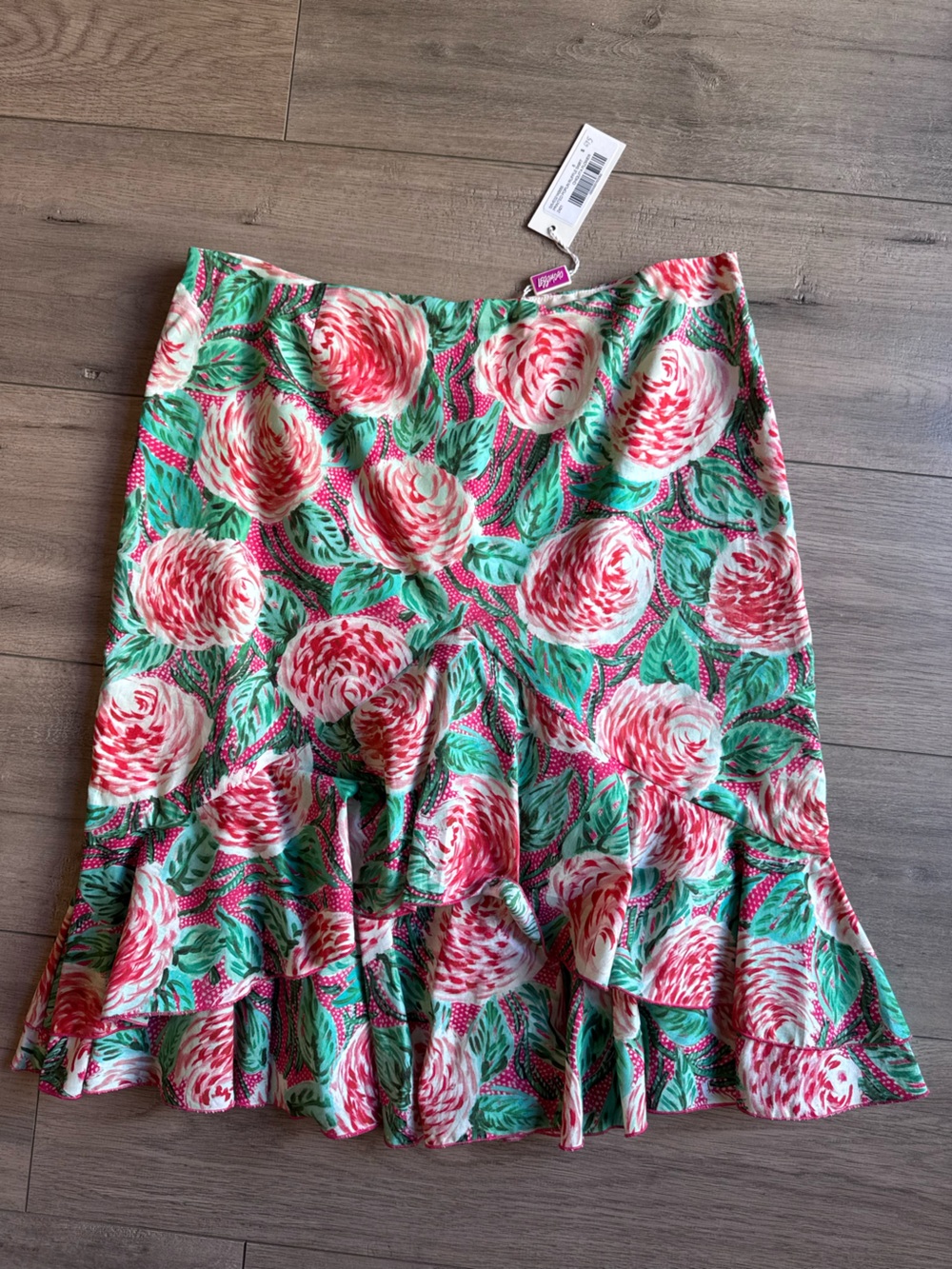 Leggiadro Silk Cotton Chiquita Pink & Green Floral Ruffle Skirt Size 8 NWT